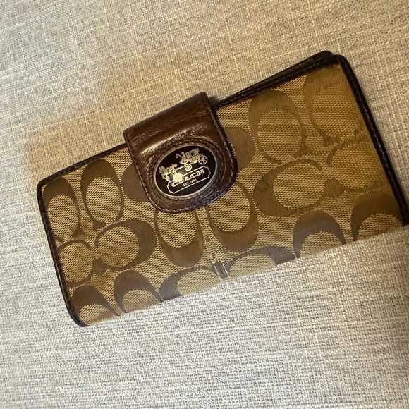 Coach Handbags - Coach Signature Canvas Checkbook Wallet Brown Leather Trim Snap Closure